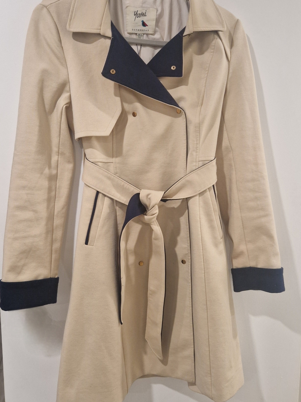 Yumi Cream Trench Coat with Navy Trim